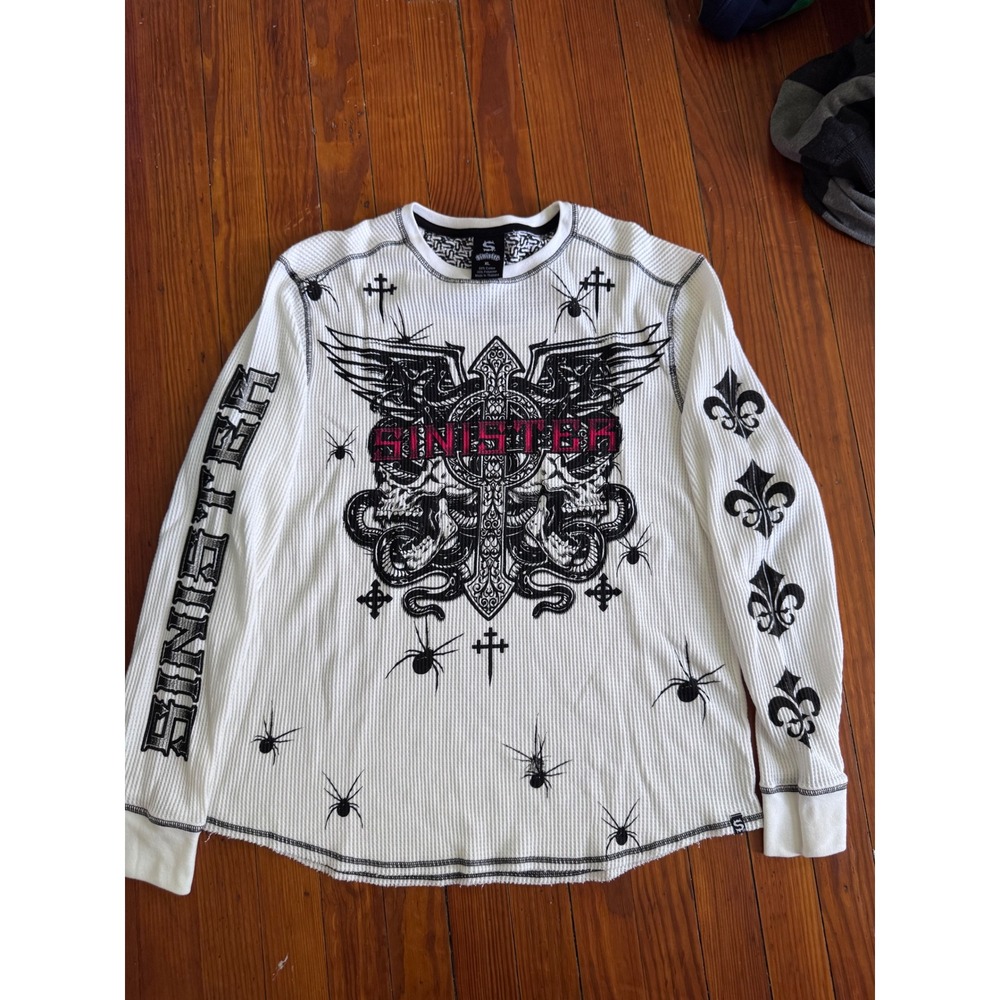 Sinister Mens XL Thermal Long Sleeve Shirt White Y2K Skull Cross Spider Graphic